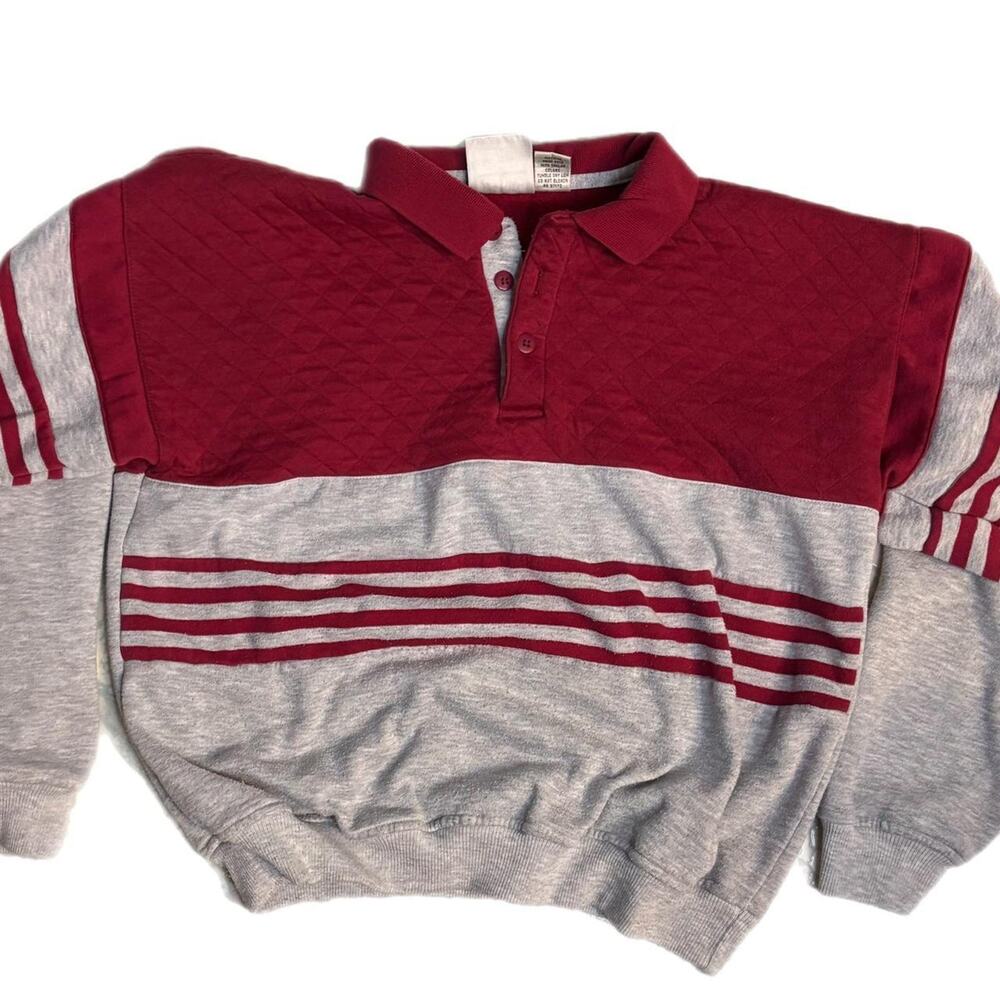 Vintage 80s quilted red and grey striped polo sweatshirt